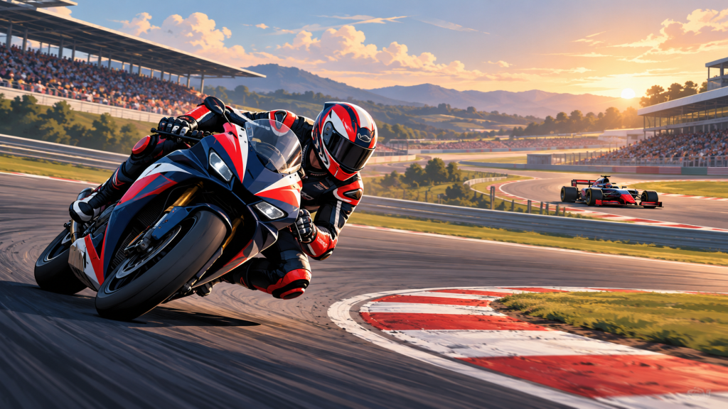 Illustration of a motorcycle racer leaning through a corner with a single-seater racing car on a separate section of circuit