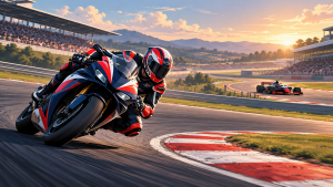 Illustration of a motorcycle racer leaning through a corner with a single-seater racing car on a separate section of circuit